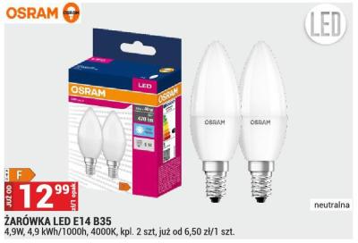 Żarówka LED E14 B35 OSRAM 4,9W, 4,9 kWh/1000h, 4000K, 2 szt., już od 6,50 zł/1 szt. promocja w Merkury Market