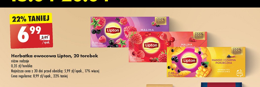 Herbata malina i żurawina Lipton promocja w Biedronka