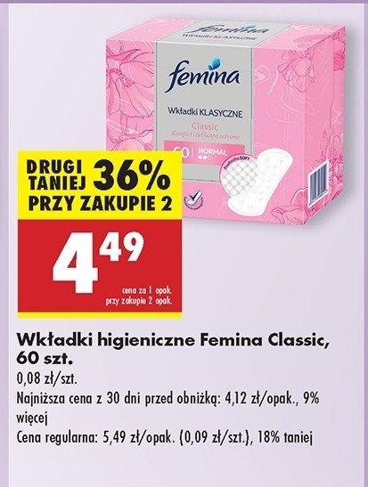 Wkładki higieniczne normal Femina classic promocja w Biedronka