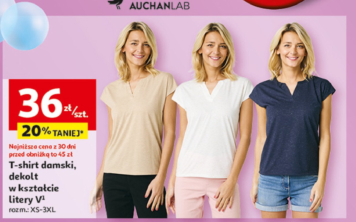 T-shirt damski basic xs-3xl promocja w Auchan
