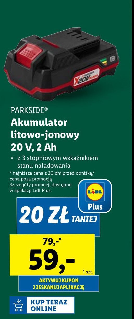 Akumulator litowo-jonowy 20v Parkside promocja w Lidl