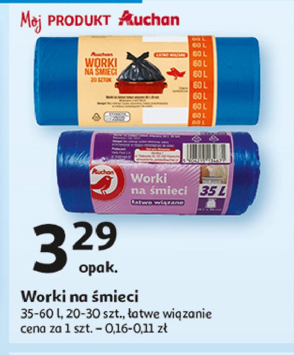 Worki na śmieci z taśmą  60 l Auchan promocja