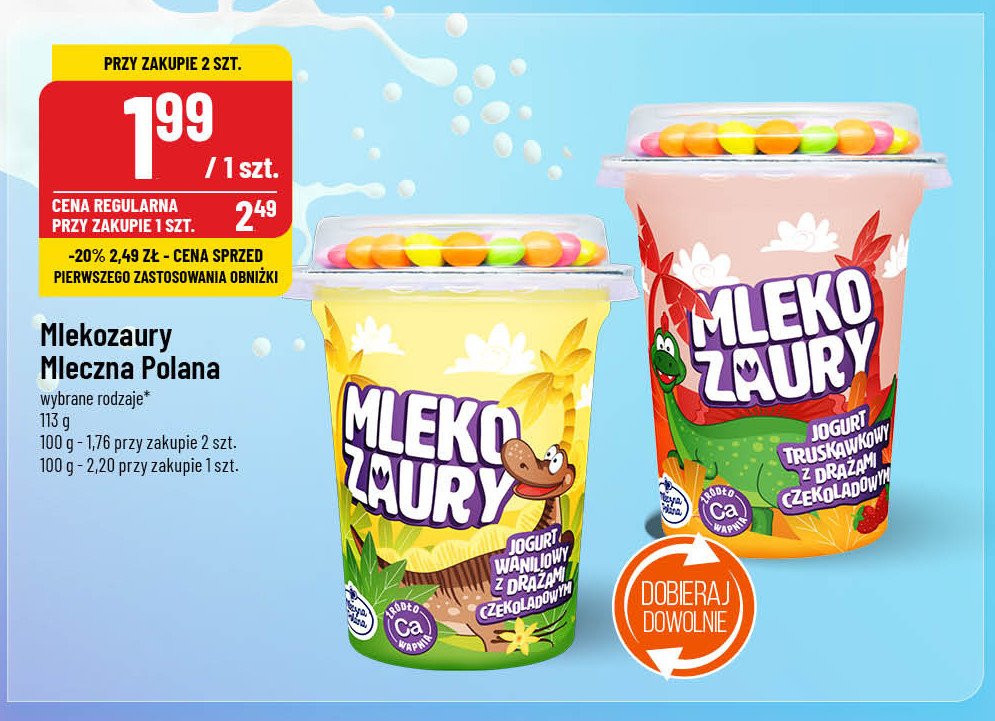 Jogurt truskawkowy z drażami czekoladowymi Mleczna polana mlekozaur promocja