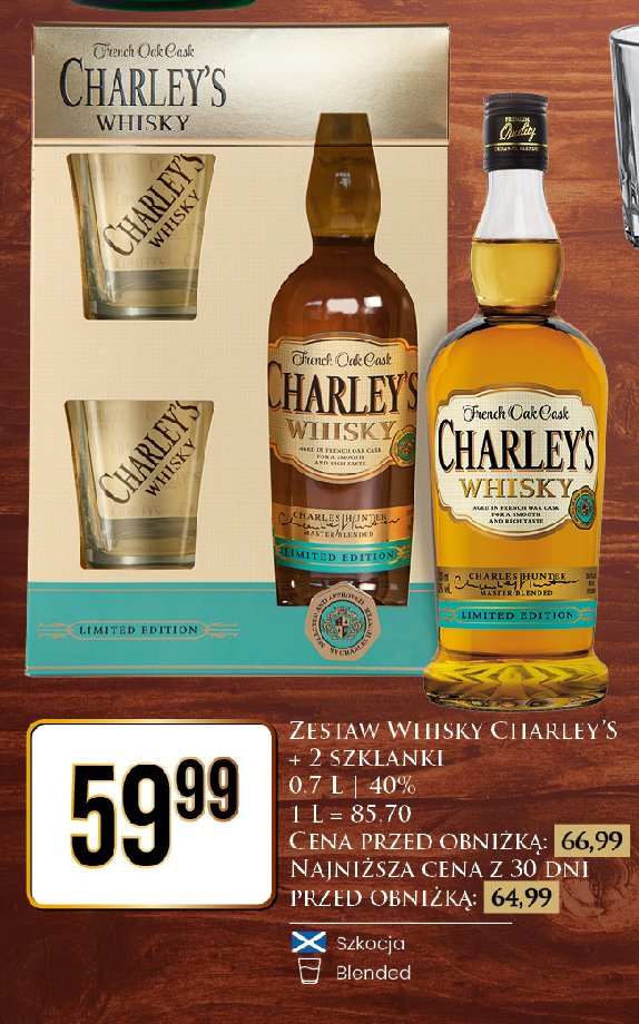 Whisky + 2 szklanki CHARLEY'S ORIGINAL promocja