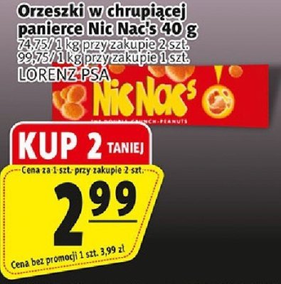 Orzeszki w chrupiącej panierce Nic Nac's 400 g 74.75/1kg przy zakupie 2 szt., 89.75/1kg przy zakupie 1 szt. promocja w Prim Market