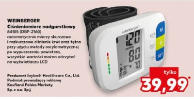 Ciśnieniomierz nadgarstkowy WEINBERGER 84105 (DBP-2160) promocja w Kaufland