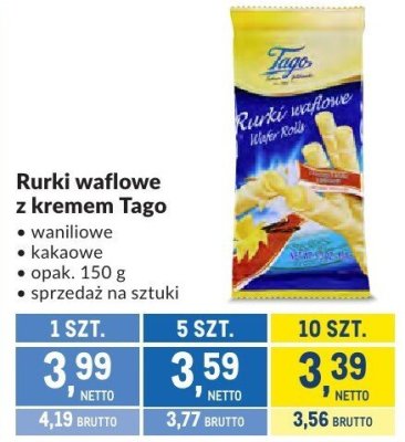 Rurki waflowe z kremem Tago waniliowe, kakaowe promocja w Makro
