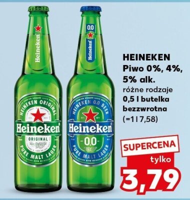 Piwo Heineken 0%, 4%, 5% alk. różne rodzaje 0,5 l butelka bezzwrotna promocja w Kaufland