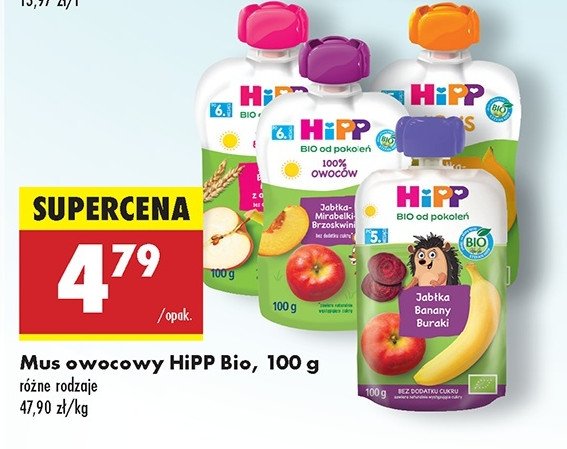 Mus bio jabłka-banany-maliny-orkisz Hipp owoce i zboża promocja w Biedronka