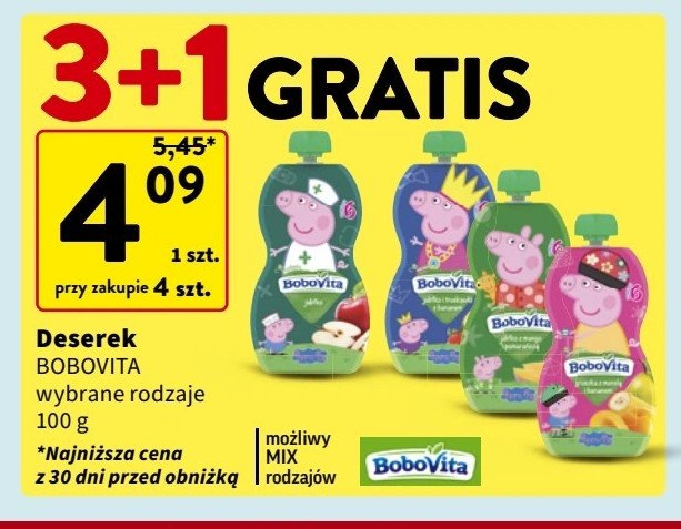 Mus truskawki i wiśnia z bananem peppa pig Bobovita promocja w Intermarche