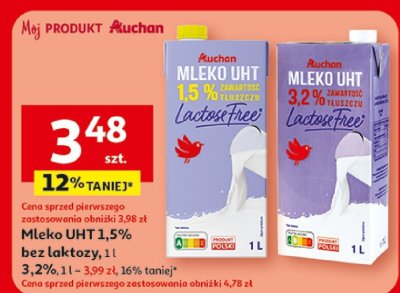Mleko UHT 1,5% bez laktozy Auchan promocja w Auchan