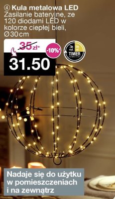 Kula metalowa LED, zasilanie bateryjne, ze 120 diodami LED w kolorze ciepłej bieli, Ø30cm promocja w Woolworth