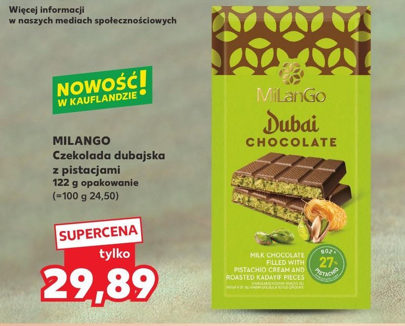 Czekolada dubajska z pistacjami Milango promocja