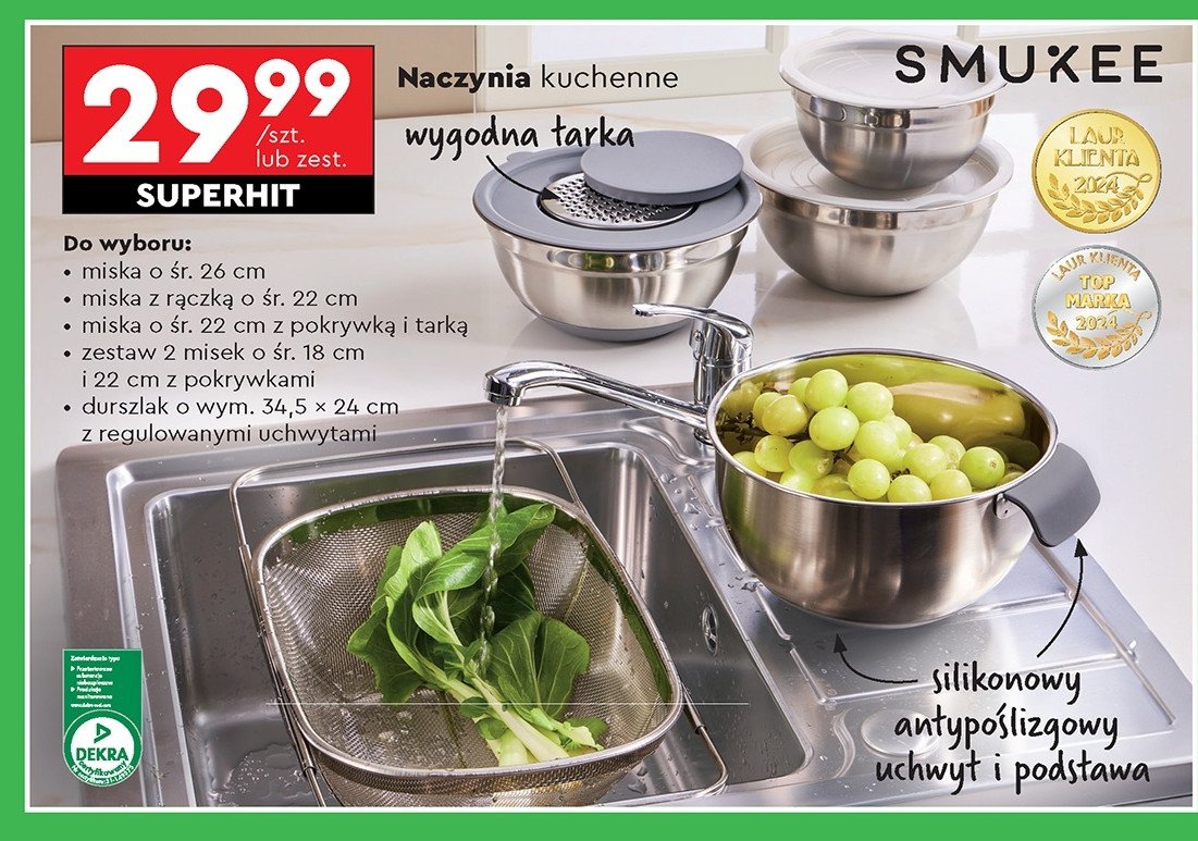 Durszlak 34.5 x 24 cm z regulowanymi uchwytami Smukee promocja w Biedronka