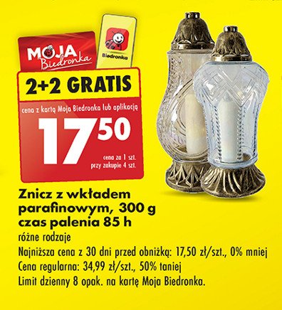 Znicz szklany z wkładem parafinowym 85 h promocja w Biedronka