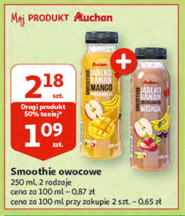 Smoothie jabłko-banan-truskawka-wiśnia Auchan różnorodne (logo czerwone) promocja