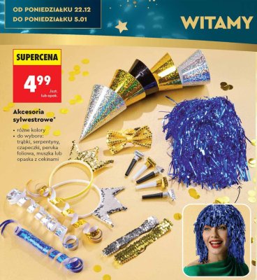 Akcesoria sylwestrowe różne kolory do wyboru: trąbki, serpentyny, czapeczki, peruka foliowa, muszka lub opaska z cekinami promocja w Biedronka