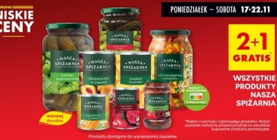 Przetwory konserwowe Nasza Spiżarnia różne rodzaje 2+1 gratis promocja w Biedronka