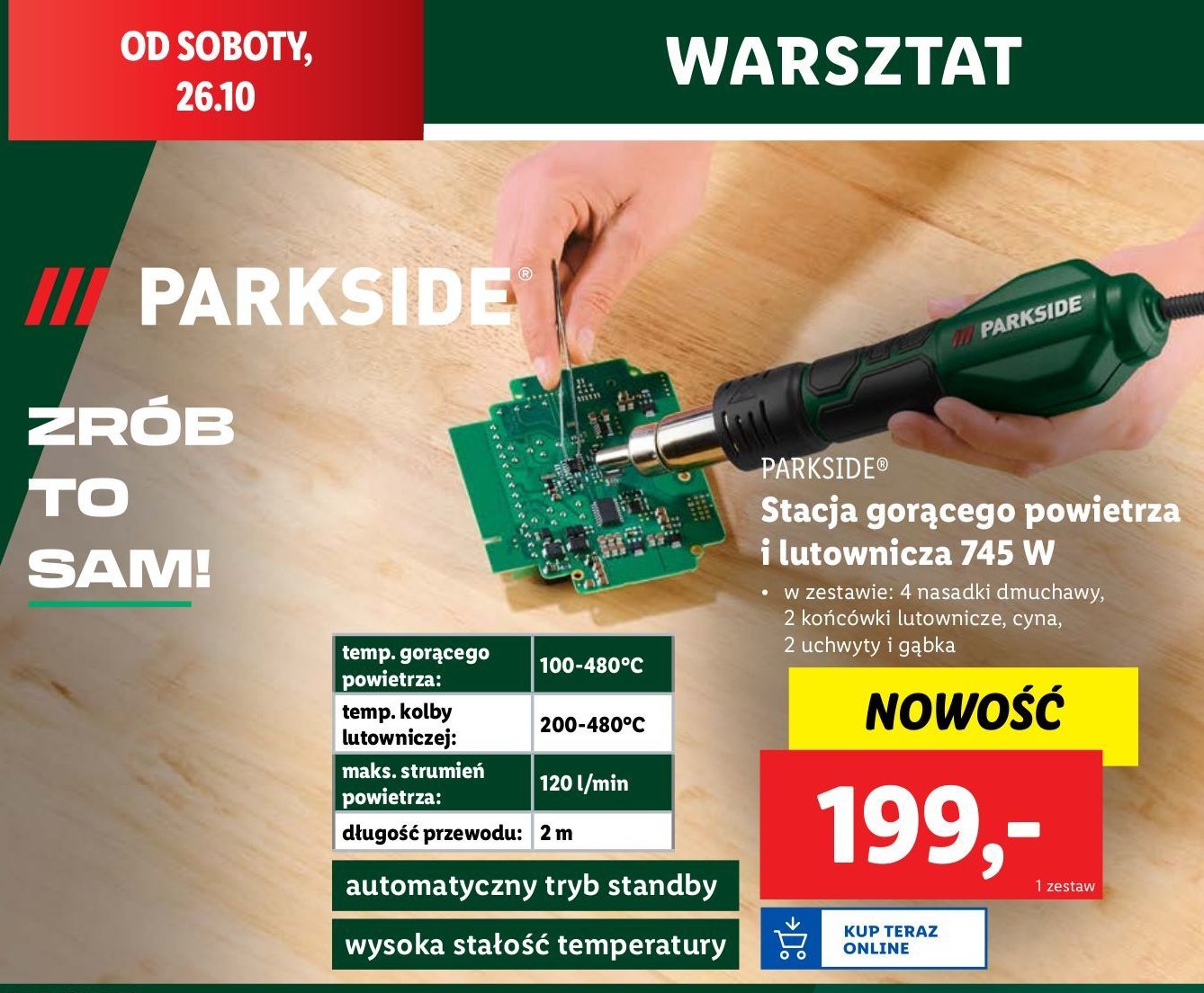 Stacja gorącego powietrza i lutownicza 745w Parkside promocja