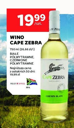 Wino białe połwytrawne CAPE ZEBRA promocja