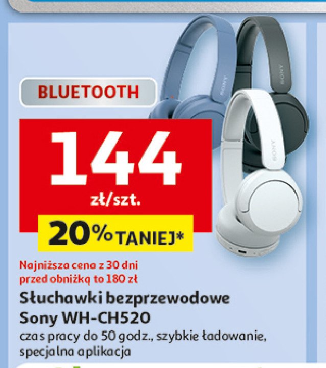 Słuchawki wh-ch520 niebieskie Sony promocja w Auchan