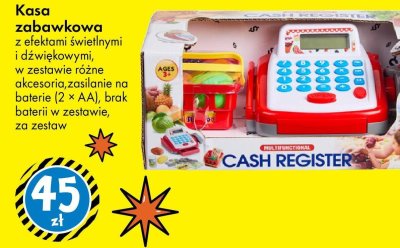 Kasa zabawkowa z efektami świetlnymi i dźwiękowymi, w zestawie różne akcesoria, zasilanie na baterie (2 × AA), brak baterii w zestawie promocja w Tedi