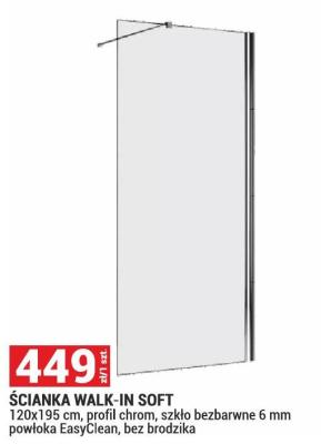 Ścianka Walk-In Soft 120x195 cm, szkło bezbarwne 6 mm powłoka EasyClean, bez brodzika promocja w Merkury Market