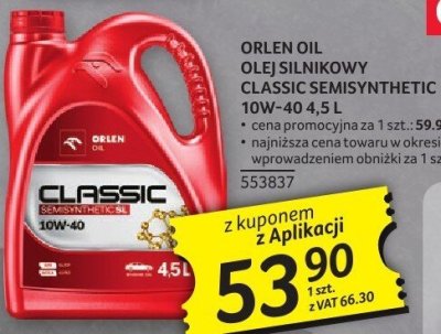 Olej silnikowy Orlen Oil Classic Semisynthetic 10W-40 4,5 L promocja w Selgros
