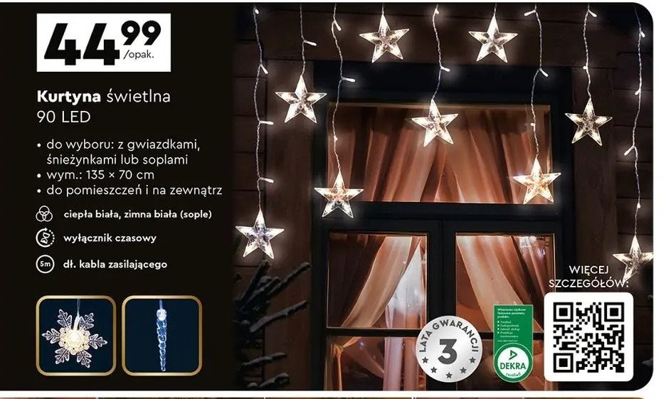 Kurtyna świetlna 90 led z wyłącznikiem czasowym ciepły biały promocja w Biedronka