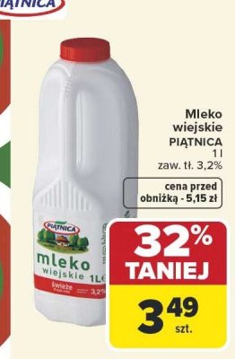 Mleko wiejskie Piątnica 1l 3,2% promocja w Carrefour Market