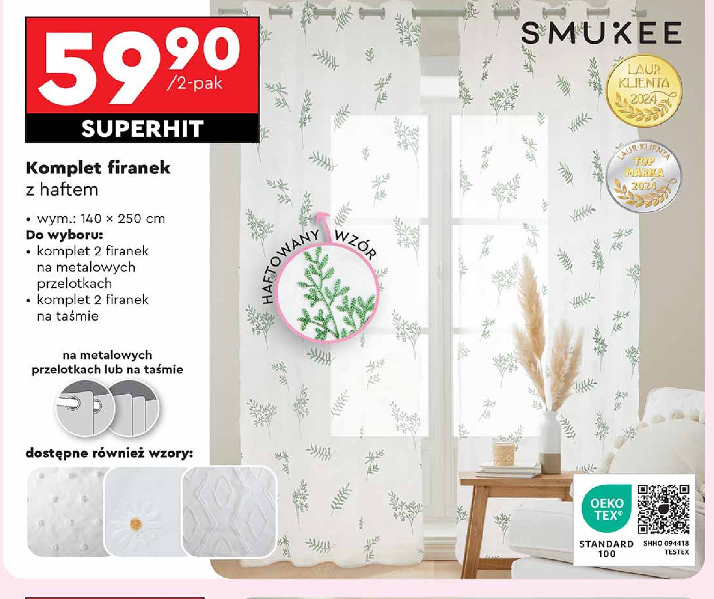 Firanki z haftem 140 x 250 cm na przelotkach Smukee promocja w Biedronka