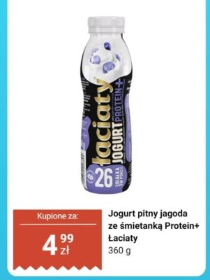 Jogurt pitny Łaciaty jagoda ze śmietanką Protein+ promocja w Dino