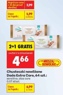 Chusteczki nawilżane Dada Extra Care, 64 szt.: sensitive, aloe care promocja w Biedronka