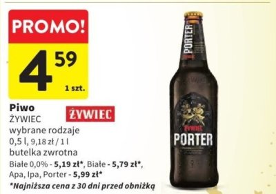Piwo ŻYWIEC wybrane rodzaje 0,5 l, 9,18 zł / 1 l butelka zwrotna promocja w Intermarche