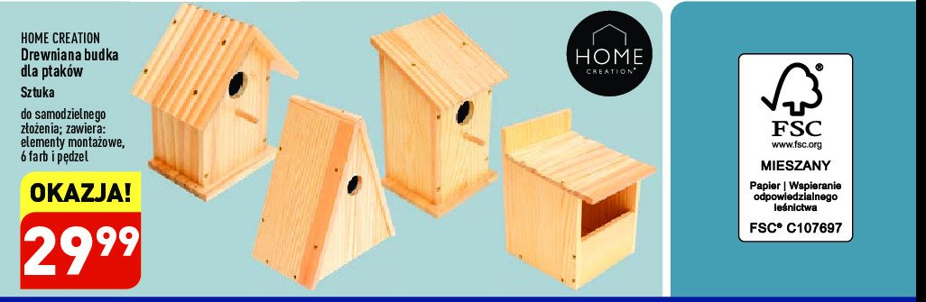 Budka dla ptaków drewniana Home creation promocja