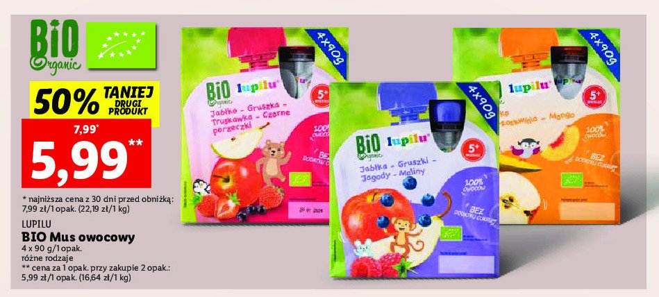 Mus jab艂ka-gruszka-truskawki-czarna poarzeczka Lupilu bio promocja