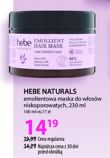 Emolientowa maska do włosów niskoporowatych HEBE NATURALS promocja w Hebe
