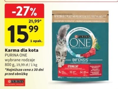 Karma dla kota PURINA ONE wybrane rodzaje 800 g promocja w Intermarche