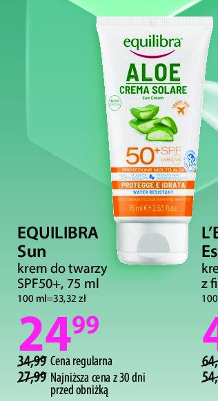 Krem ochronny spf 50+ Equilibra aloe promocja