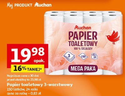 Papier toaletowy Auchan 3-warstwowy 150 listków, 24 rolki promocja w Auchan