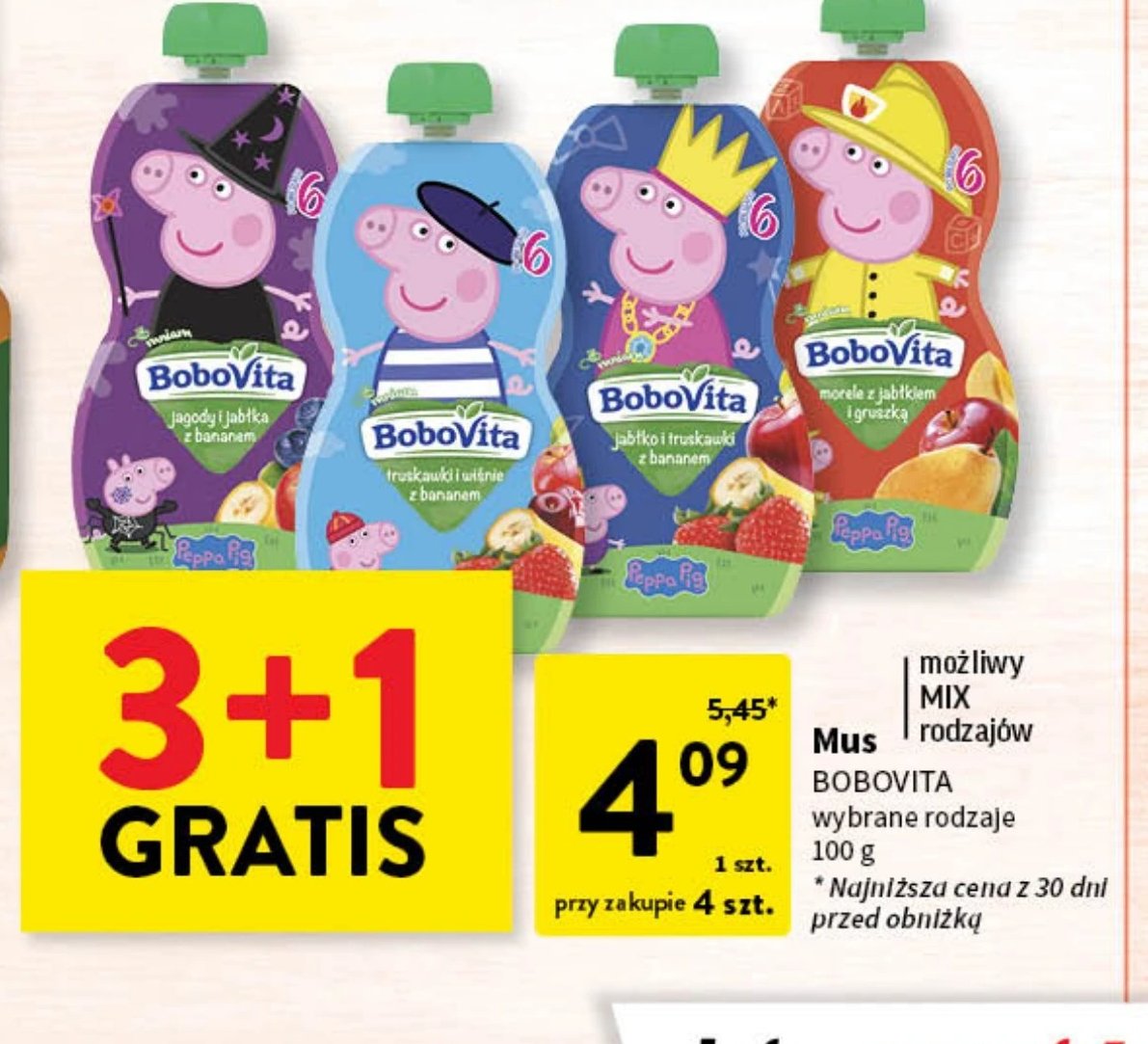 Mus truskawki i wiśnia z bananem peppa pig Bobovita promocja w Intermarche