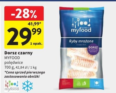 Dorsz czarny MyFood polędwice 700 g, 42,84 zł / 1 kg promocja w Intermarche