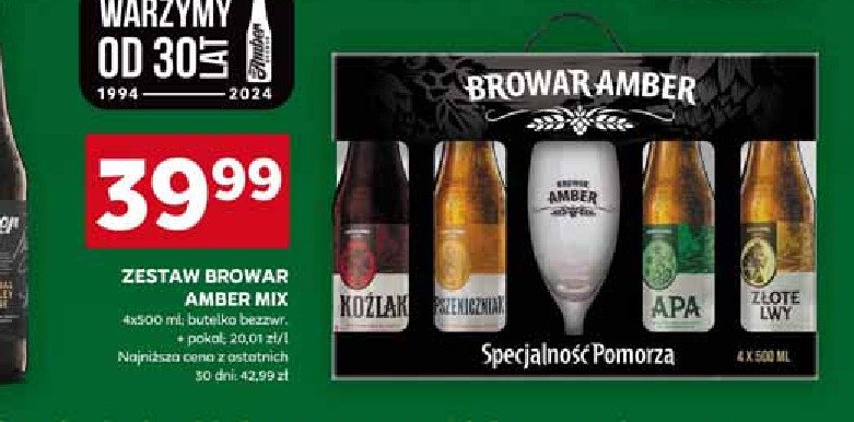 Zestaw: piwo koźlak 500 ml + piwo pszeniczne 500 ml + piwo apa 500 ml + piwo złote lwy 500 ml + szklanka Amber browar amber zestaw Amber (kosmetyki) promocja