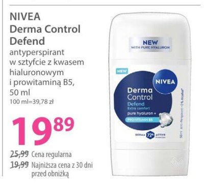 Antyperspirant NIVEA Derma Control Defend w sztyfcie z kwasem hialuronowym i prowitaminą B5 promocja w Hebe