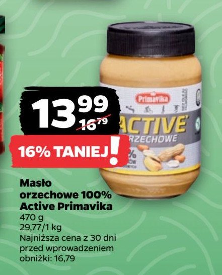 Masło orzechowe active 100% orzeszków Primavika promocja w Netto