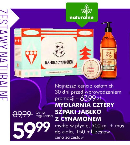 Zestaw w pudełku jabłko z cynamonem: mydło w płynie 500 ml + mus do ciała 150 ml Mydlarnia cztery szpaki zestaw promocja w Super-Pharm