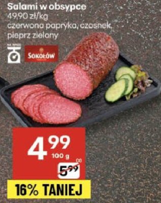 Salami w obsypce Sokołów czerwona papryka, czosnek, pieprz zielony promocja w Delikatesy Centrum