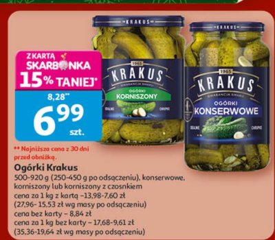 Ogórki Krakus konserwowe lub korniszony z czosnkiem promocja w Auchan