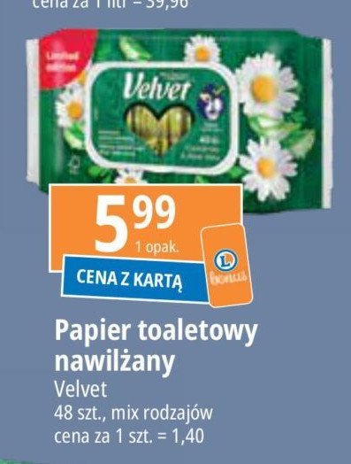 Papier toaletowy nawilżany rumianek i aloevera Velvet promocja