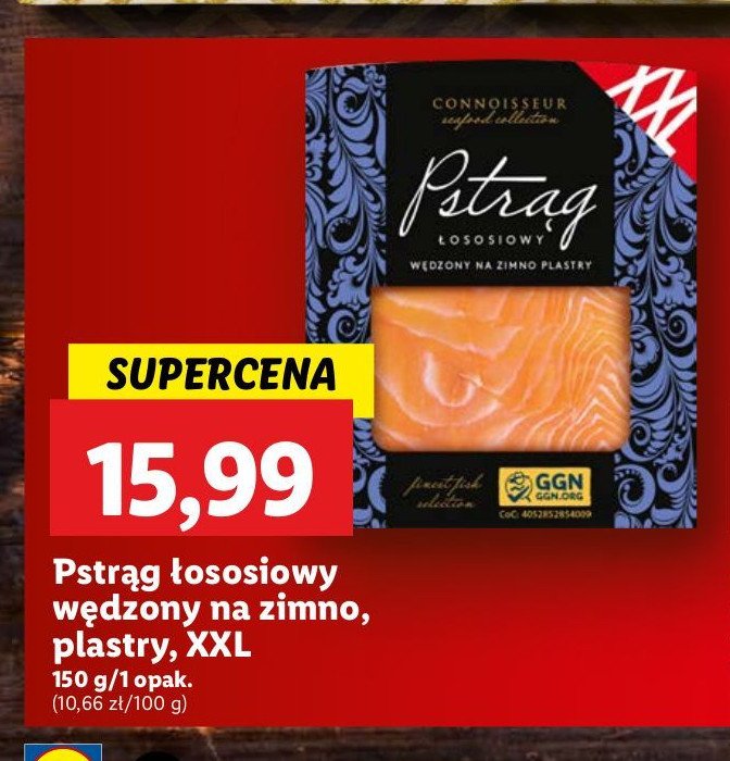 Pstrąg wędzony na zimno w plastrach Connoisseur promocja w Lidl